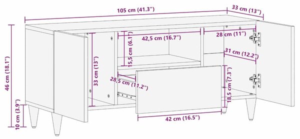 TV szekrény fiókkal Világosbarna 105 x 33 x 46 cm tömör mangófa