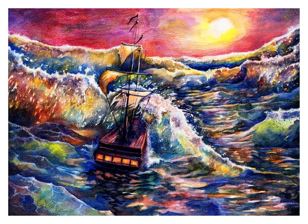Kép - Hajó az óceán hullámain, aquarel (üvegen) (70x50 cm)