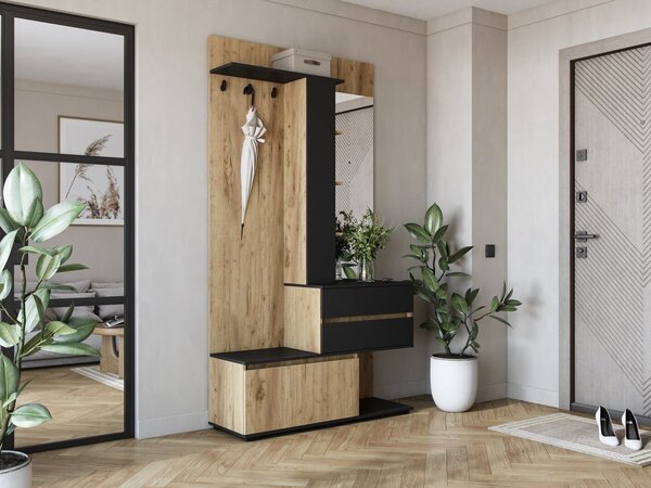 Előszoba garnitúra Houston 2123, 223x120x41cm, Tükör, Arany tölgy, Fekete, Laminált forgácslap