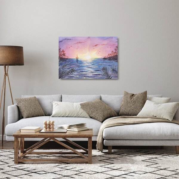 Kép - naplemente a víz felett, akvarell (üvegen) (70x50 cm)