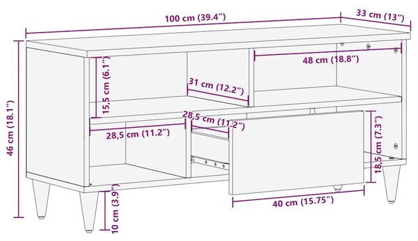 TV szekrény fiókkal Barna 100 x 33,5 x 46 cm Tömör Mangófát