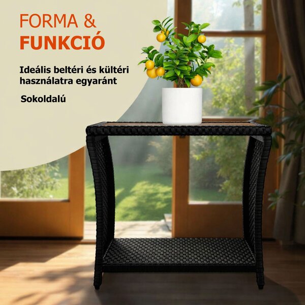 ROCCO polyrattan oldalasztal akácfával, 40x45x45cm, fekete/barna Casaria