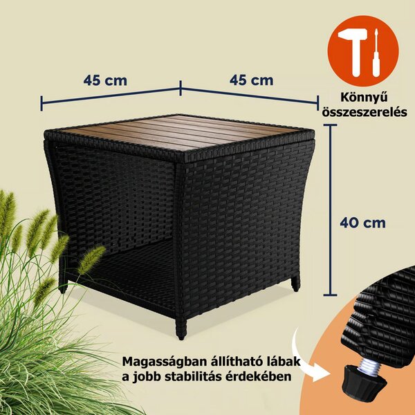 ROCCO polyrattan oldalasztal akácfával, 40x45x45cm, fekete/barna Casaria