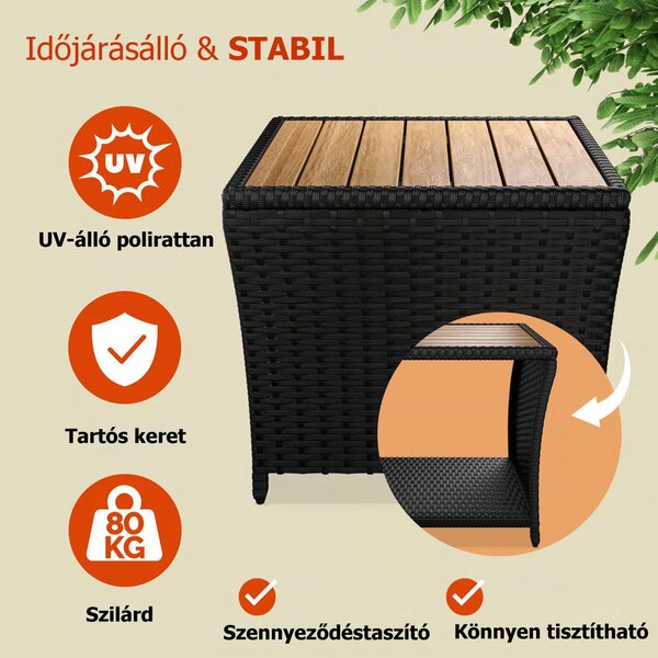 ROCCO polyrattan oldalasztal akácfával, 40x45x45cm, fekete/barna Casaria