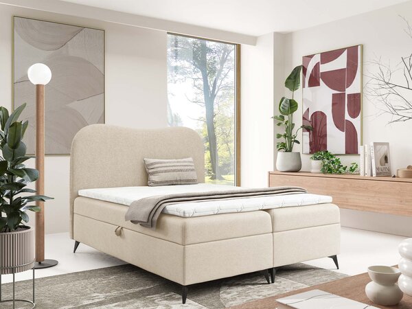 AMBRA kárpitozott boxspring ágy ágyneműtartóval 120x200 - krémszín