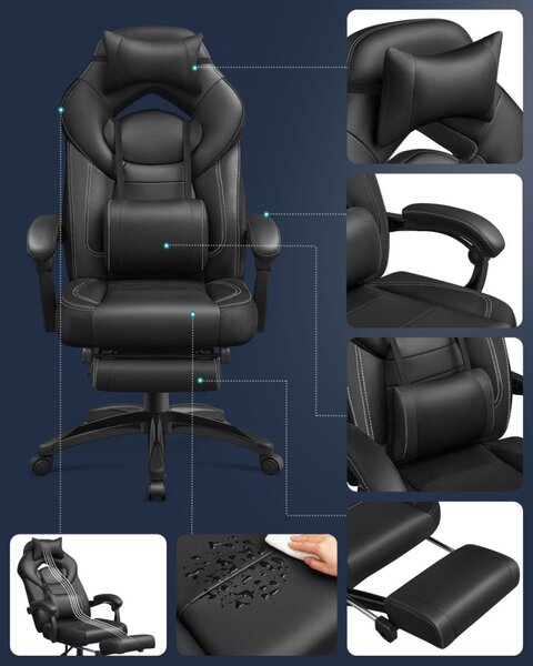 SONGMICS OBG077B01 Ergonomikus Gamer Szék Lábtartóval Fekete