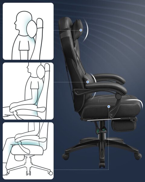 SONGMICS OBG077B01 Ergonomikus Gamer Szék Lábtartóval Fekete
