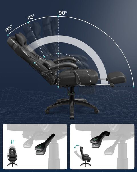 SONGMICS OBG077B01 Ergonomikus Gamer Szék Lábtartóval Fekete