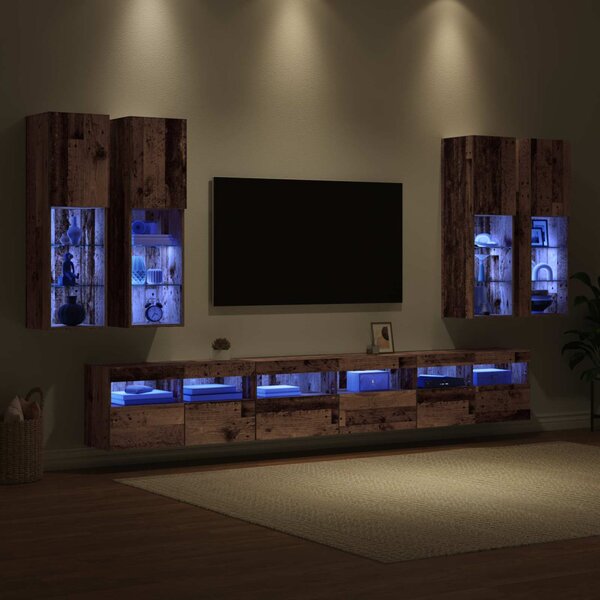 TV falit kabinet szett LED -es lámpákkal 7 pcs Öreg fa Faanyag