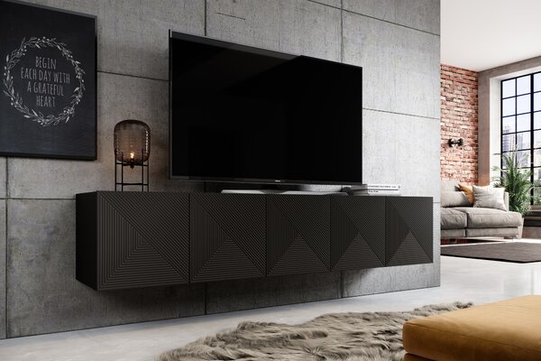 Asha falra szerelhető TV szekrény 200 cm, bordázott előlap - matt fekete