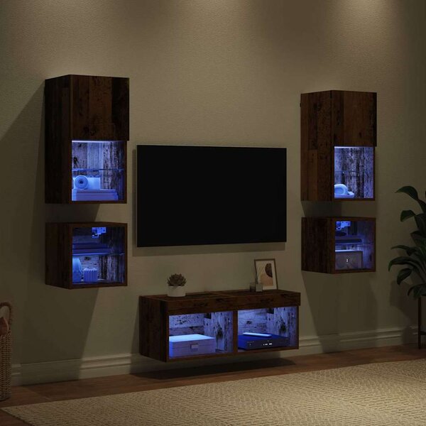 TV Fali Egységek with LED String Lights 8 pcs Öreg fa Faanyag