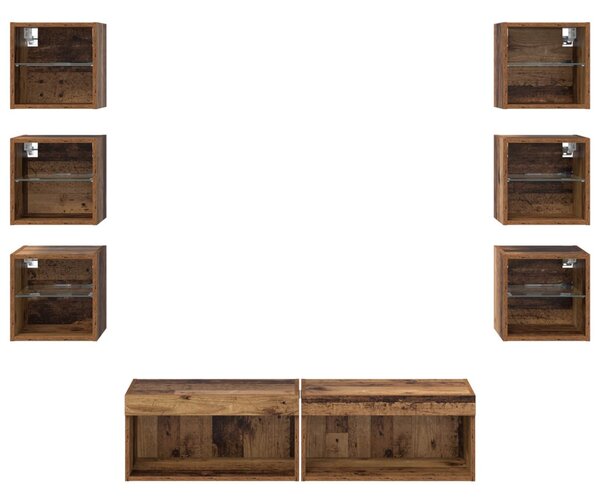 TV szekrény LED -es lámpákkal fiókkal 8 pcs Öreg fa Üveg