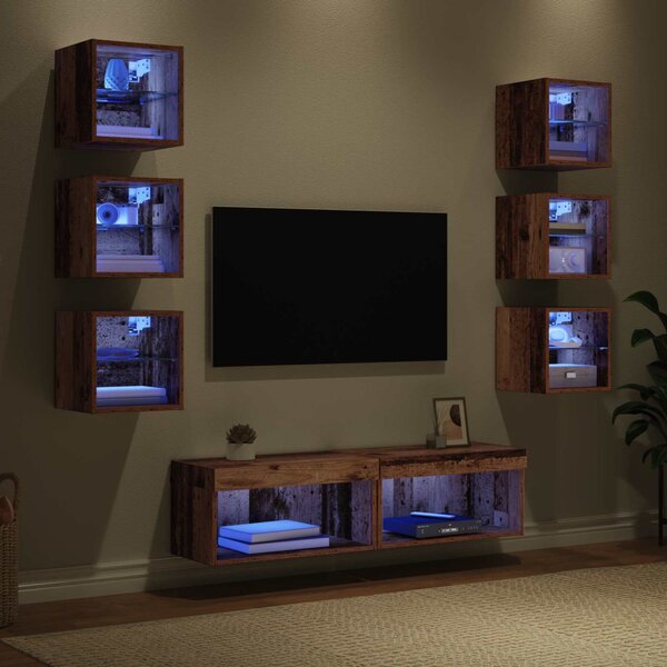 TV szekrény LED -es lámpákkal fiókkal 8 pcs Öreg fa Üveg