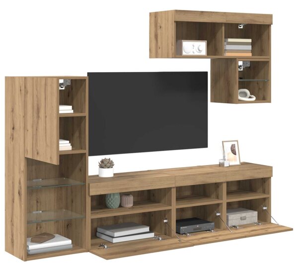 TV Fali Egységek LED -es lámpákkal 6 pcs Artisan tölgy Faanyag