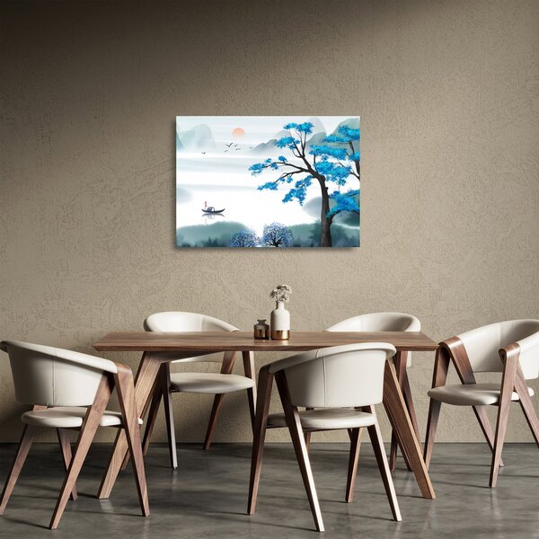 Kép - festett tó csónakkal (üvegen) (70x50 cm)