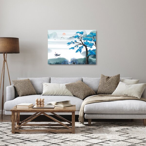 Kép - festett tó csónakkal (üvegen) (70x50 cm)