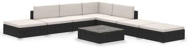 8-részes fekete polyrattan kerti bútorszett párnákkal
