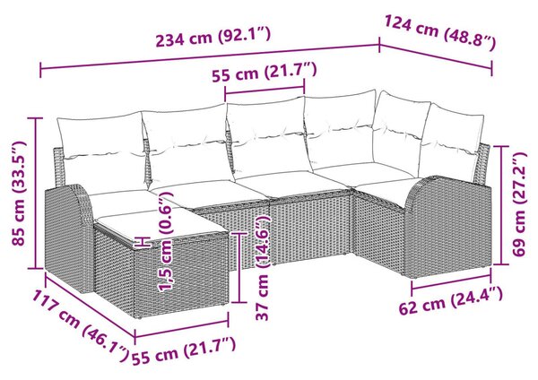 Kanapé Szett párnával 6 pcs Fekete és Fehér polirattan