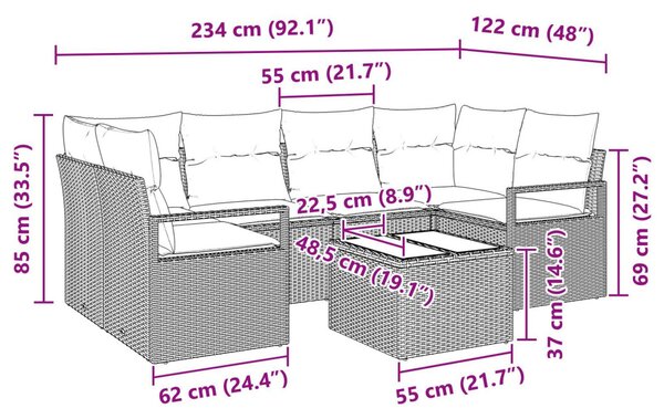 Kanapé Szett párnával 7 pcs Barna és Krém polirattan