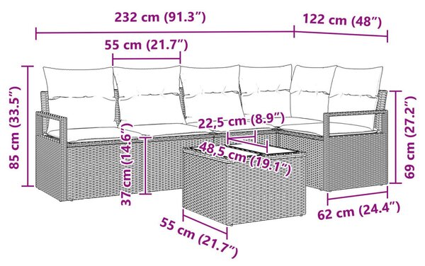 Kanapé Szett párnával 6 pcs Világosszürke polirattan