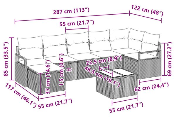 Kanapé Szett párnával 8 pcs Fekete polirattan