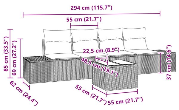 Kanapé Szett párnával párnával 5 pcs Szürke polirattan