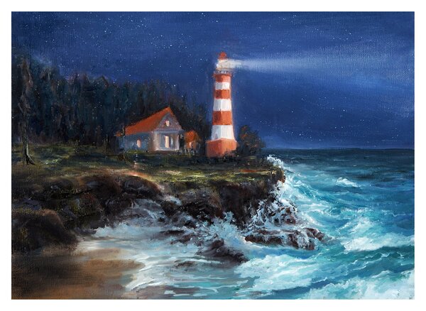 Kép - világítótorony az óceán partján, akvarell (üvegen) (70x50 cm)