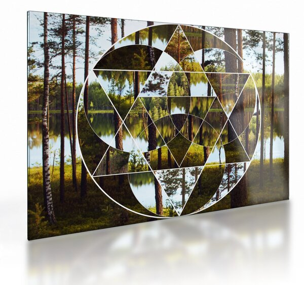 Kép - Geometrikus kollázs a skandináv erdők hátterében (üvegen) (70x50 cm)