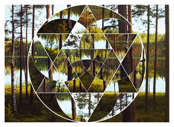 Kép - Geometrikus kollázs a skandináv erdők hátterében (üvegen) (70x50 cm)