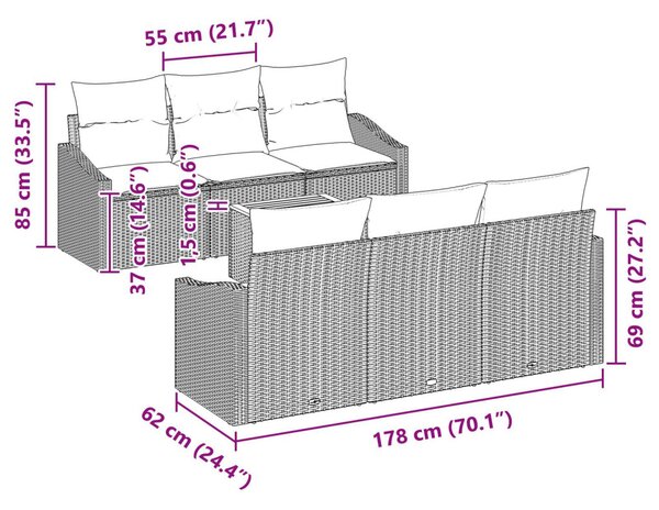 Kerti Kanapé Szett 7 db Szürke polirattan