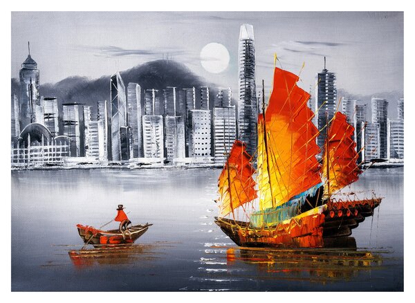Festmény - Victoria Harbour, Hong Kong, fekete-fehér olajfestmény (üvegen) (70x50 cm)