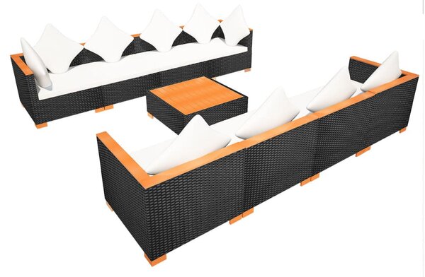 9-részes fekete polyrattan kerti bútorszett párnákkal