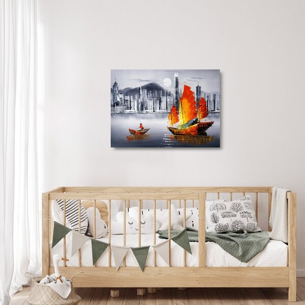Festmény - Victoria Harbour, Hong Kong, fekete-fehér olajfestmény (üvegen) (70x50 cm)