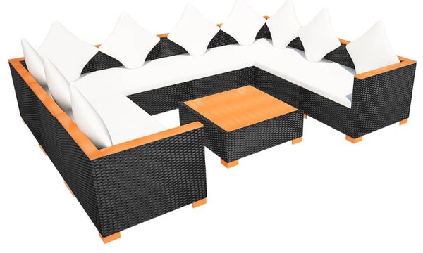 9-részes fekete polyrattan kerti bútorszett párnákkal