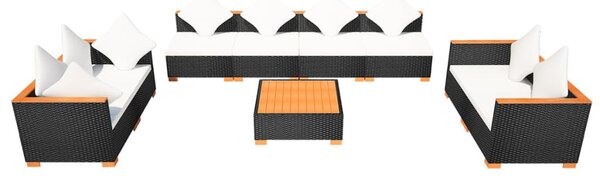 9-részes fekete polyrattan kerti bútorszett párnákkal