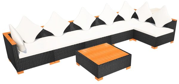 7-részes fekete polyrattan kerti bútorszett párnákkal