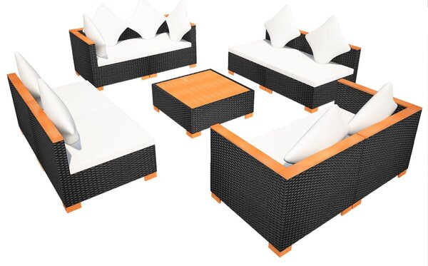 9-részes fekete polyrattan kerti bútorszett párnákkal