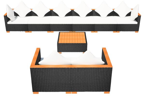 9-részes fekete polyrattan kerti bútorszett párnákkal