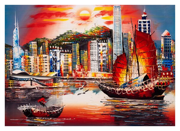 Kép - Victoria Harbour, Hong Kong, olajfestmény (üvegen) (70x50 cm)