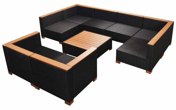 9-részes fekete polyrattan kerti bútorszett párnákkal