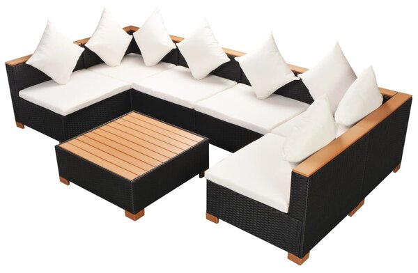 7-részes fekete polyrattan kerti bútorszett párnákkal
