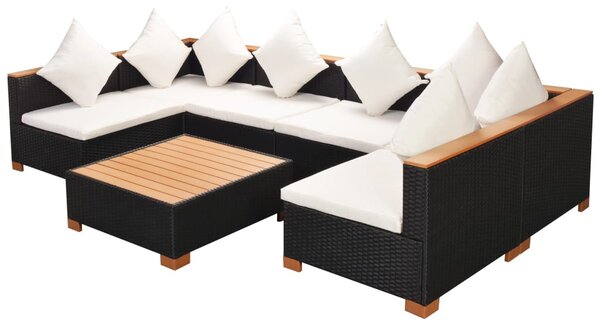 7-részes fekete polyrattan kerti bútorszett párnákkal
