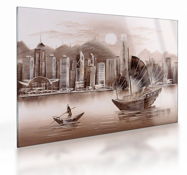 Kép - Victoria Harbour, Hong Kong, szépia hatás (üvegen) (70x50 cm)