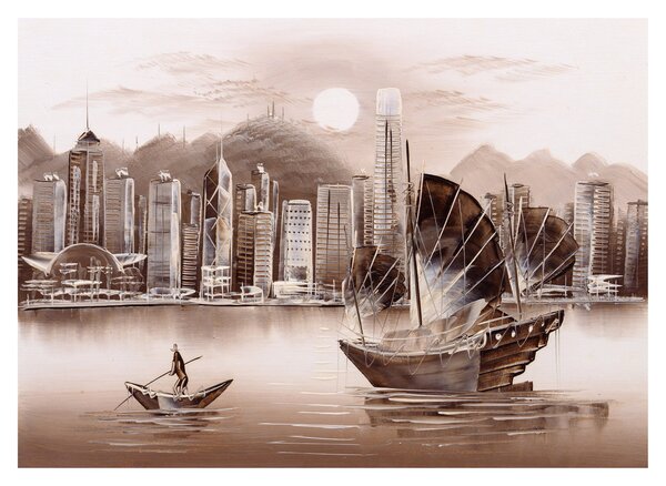 Kép - Victoria Harbour, Hong Kong, szépia hatás (üvegen) (70x50 cm)