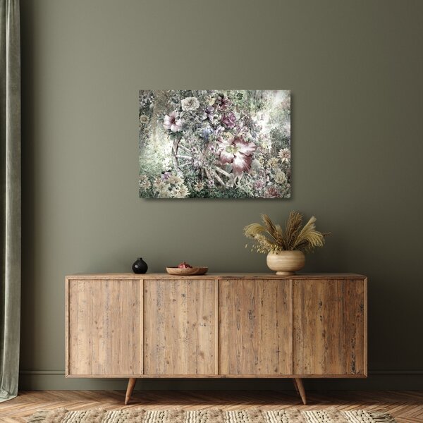 Virágok képe egy fából készült kerékpáron (üvegen) (70x50 cm)
