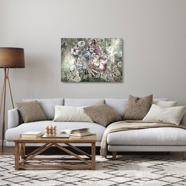 Virágok képe egy fából készült kerékpáron (üvegen) (70x50 cm)