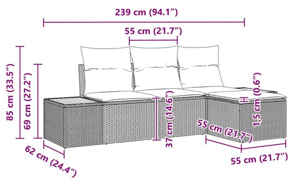 4 Darabos Kerti Kanapé Szett Párnákkal Szürke Poli Rattan Akácia