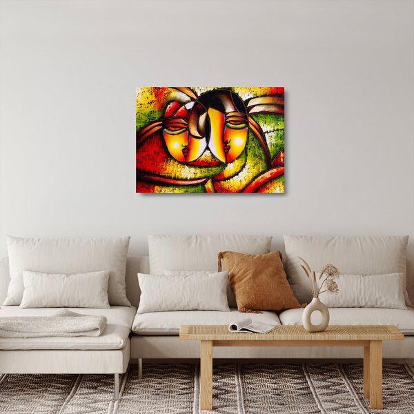 Kép - olajfestmény, absztrakt arcok (üvegen) (70x50 cm)