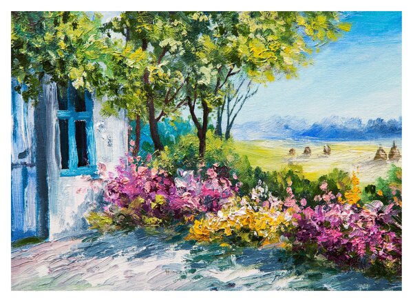 Kép a ház előtti kertről, olajfestmény (üvegen) (70x50 cm)
