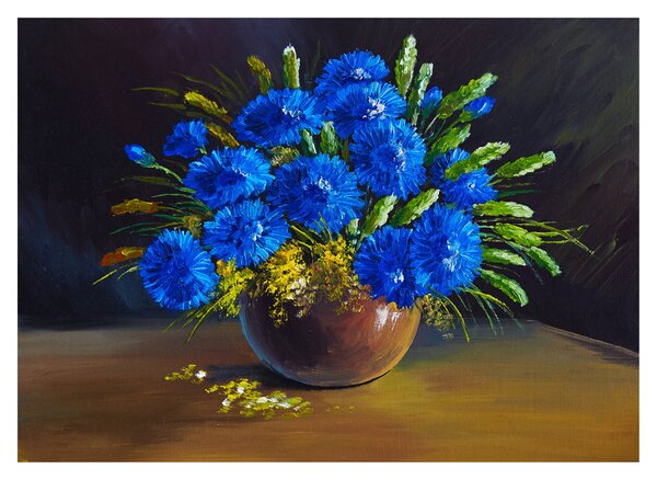 Kék virágok képe egy vázában (üvegen) (70x50 cm)